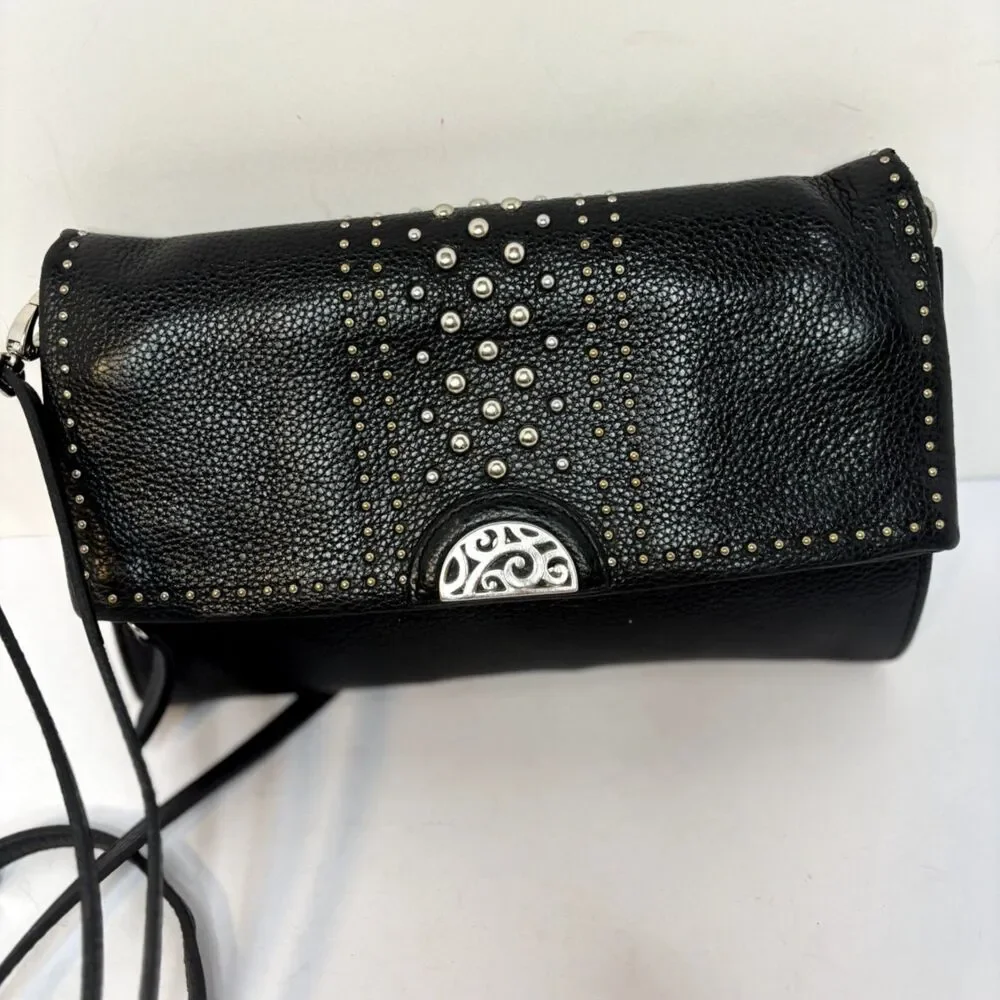 Brighton Crossbody Bag Black Leather Studded Silver Hardware Womens - Picture 2 of 5